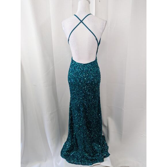 CHANDALIER LOS ANGELES! TEAL SEQUIN EMBELLISHED SHEATH GOWN, THIGH SLIT! SZ 10 - Picture 5 of 10